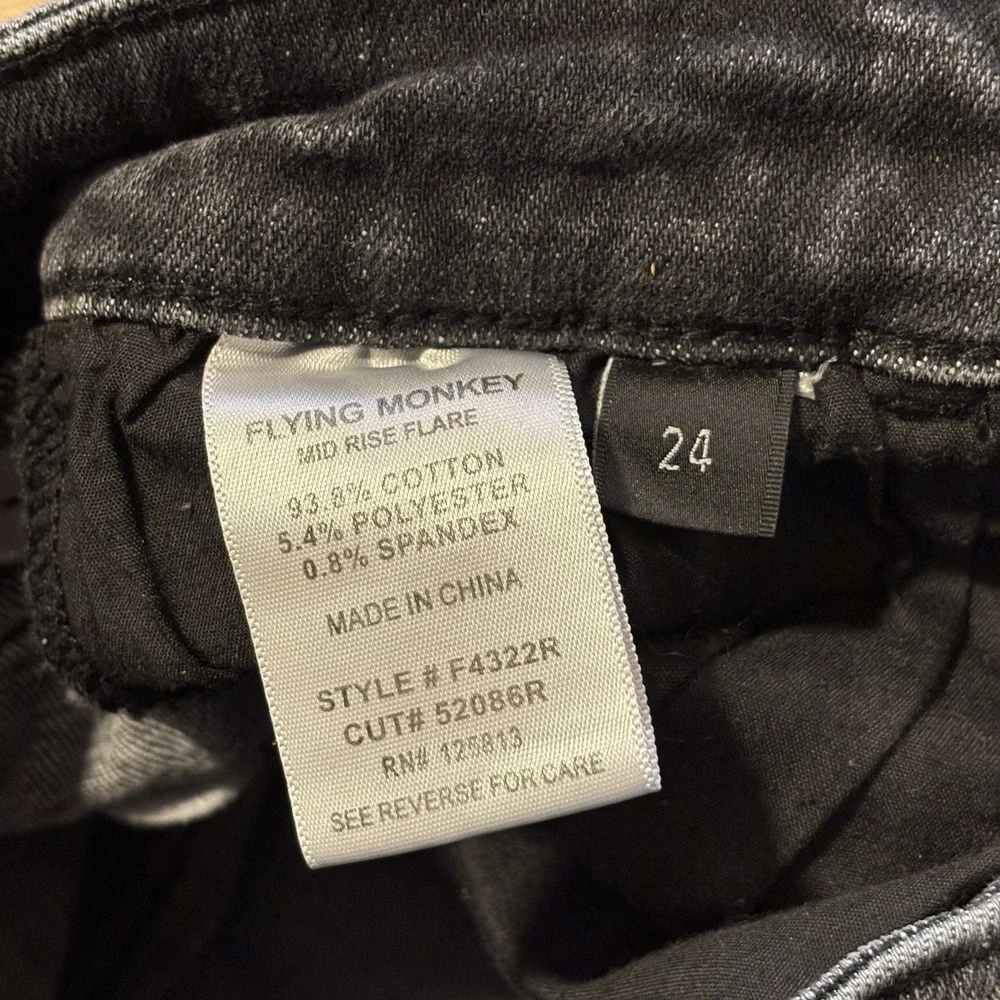 Flying Monkey Jeans Women 24 Black Mid Rise Flare Stretch Distressed Denim 24x31